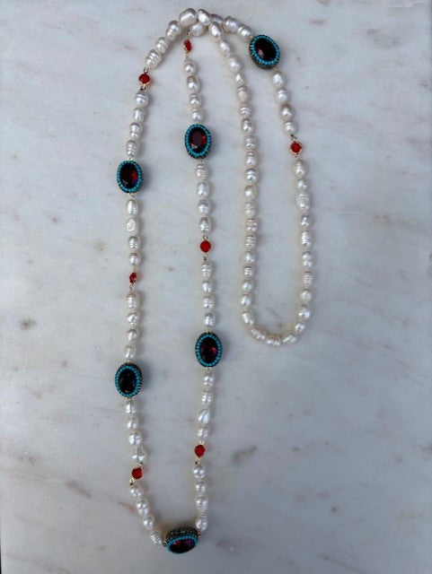Contemporary Pearl Necklace with Turquoise and Red Gemstones