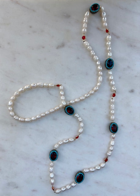 Contemporary Pearl Necklace with Turquoise and Red Gemstones