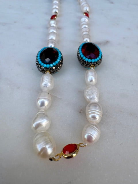 Contemporary Pearl Necklace with Turquoise and Red Gemstones